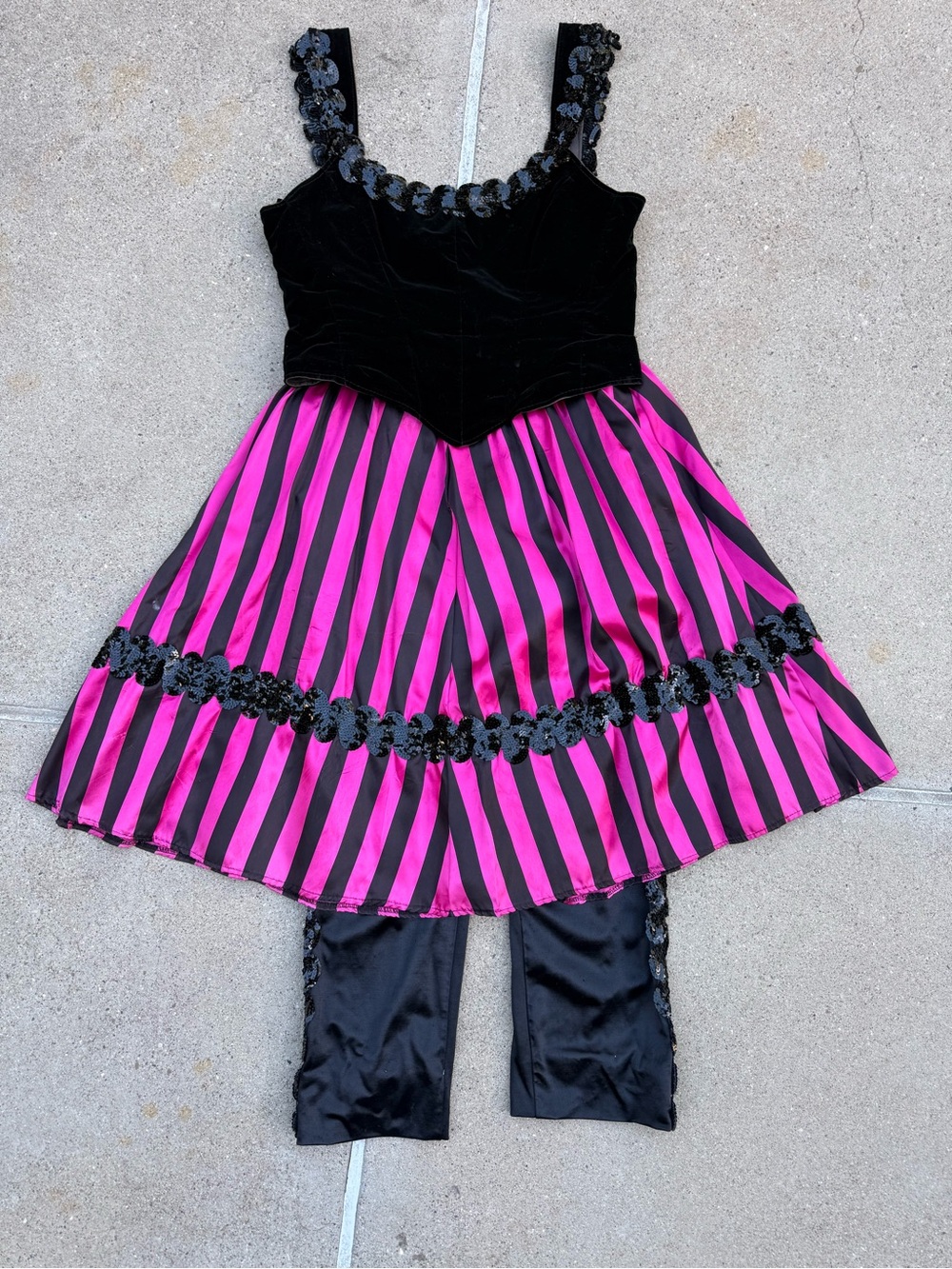 Saloon Girl Costume Black Velvet Sequin Top with Striped Satin Skirt